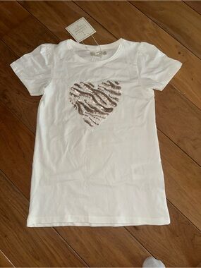 Creamie Girls White Tee with Rose Gold Sequin Heart